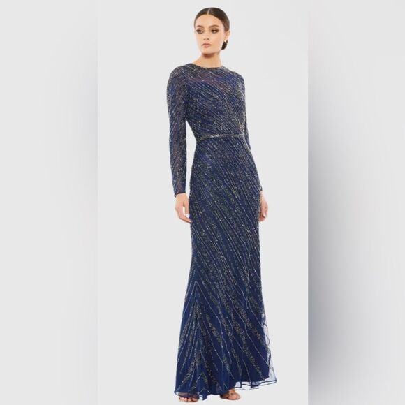 Mac Duggal NWOT Elegant Navy Blue Beaded Evening Column Formal Gown 5240 Sz 2 - Picture 1 of 12